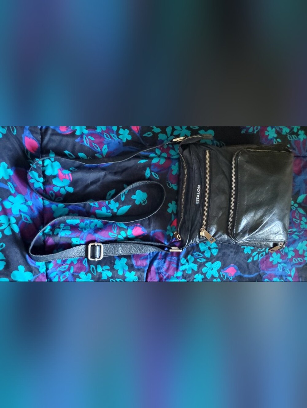 Estalon Black Leather Crossbody with Dual Zip Pockets